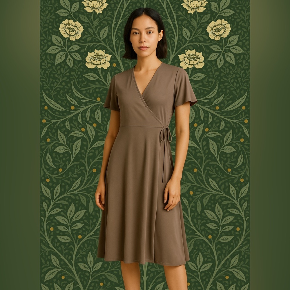 🆕👗 🌺 H&M Wrap Dress XS 0 2 Taupe Midi New Elegant A-Line 42” Long